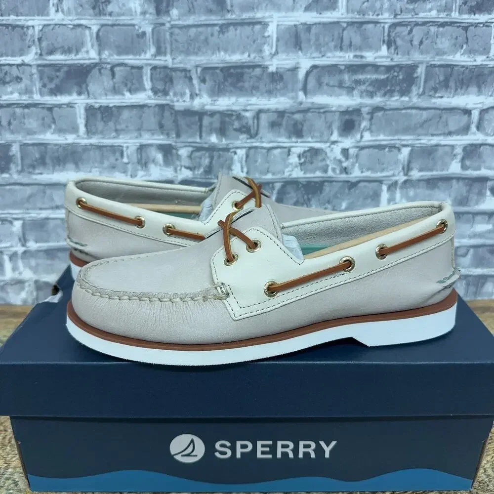 Sperry 2-Eye Cream Brown White Leather Boat Shoe Mens Size 7 New